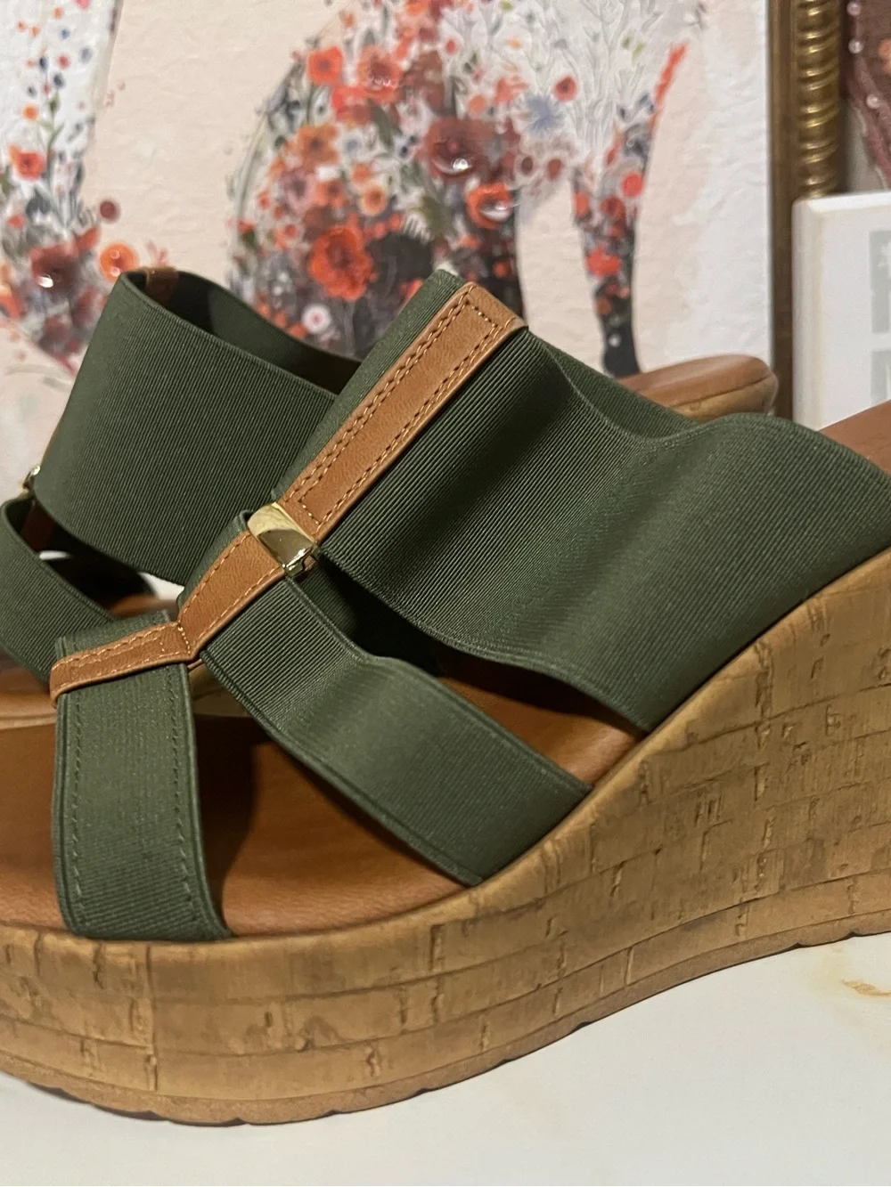 Italian Shoemakers Olive Green and Tan Wedge Sandals